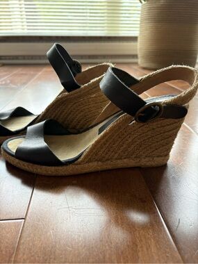 Black Wedge Sandals - Women's Leather Ankle Strap. Size 39